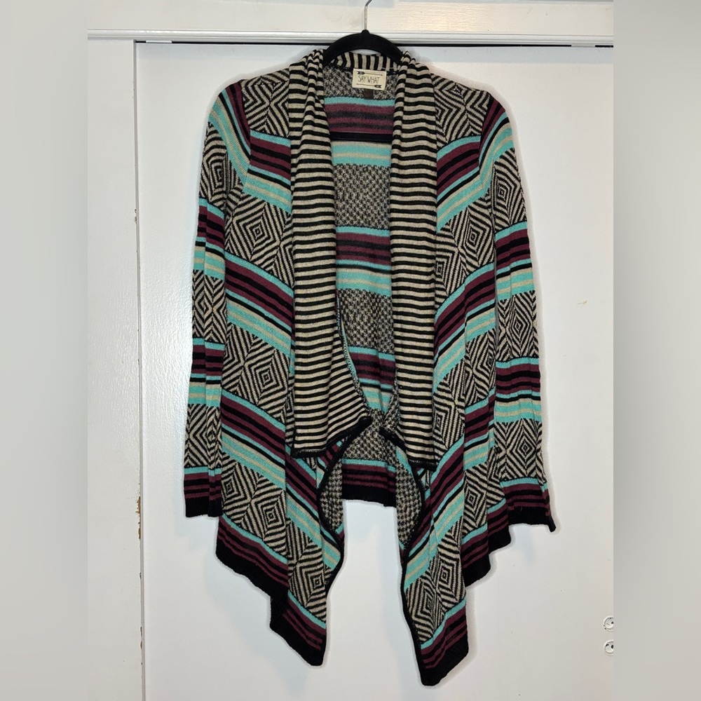 Say What? Striped Geometric Cardigan - Black, White, Teal, Purple